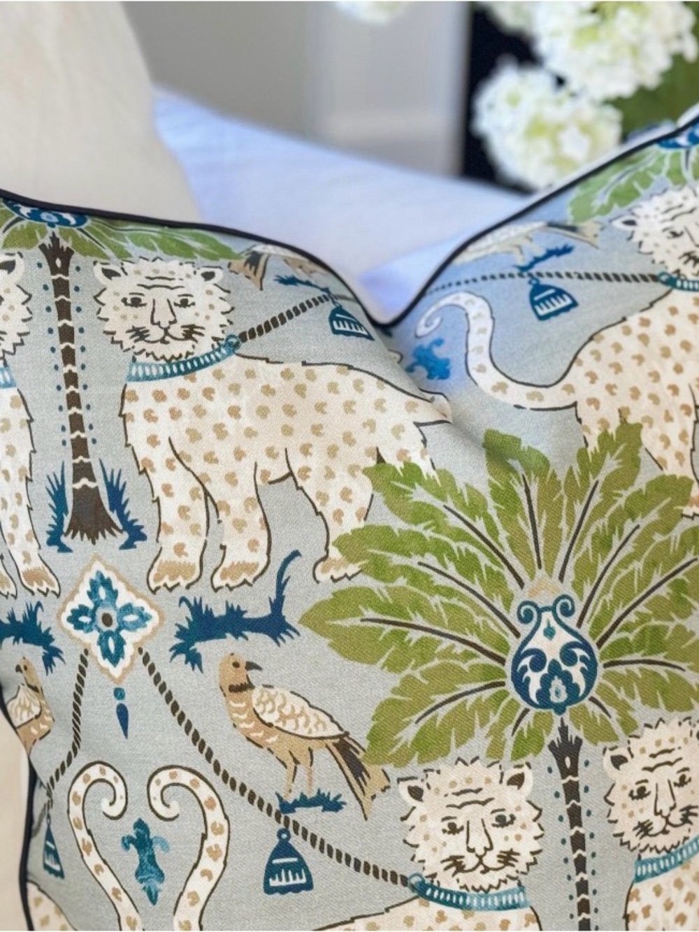 Printed Animal & Palm Accent Pillow in Light Blue, Green and Cream